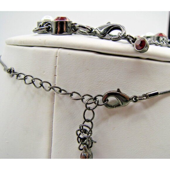 Blackened Silver Necklace and Bracelet Set Faux Pearls Red Rhinestones Jewelry - Picture 6 of 10